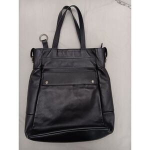 Laroll Brand Black Leather Tote Bag Purse with Silver Hardware and Front Pocket